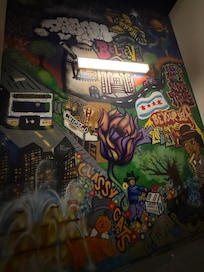 Back stairways has beautiful art. I would recommend taking the stairs instead of the elevator for this very reason.