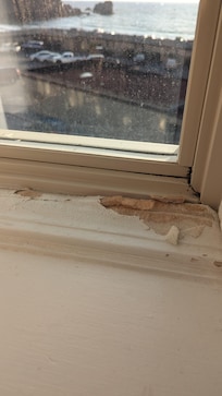 Water damaged moldy window frame