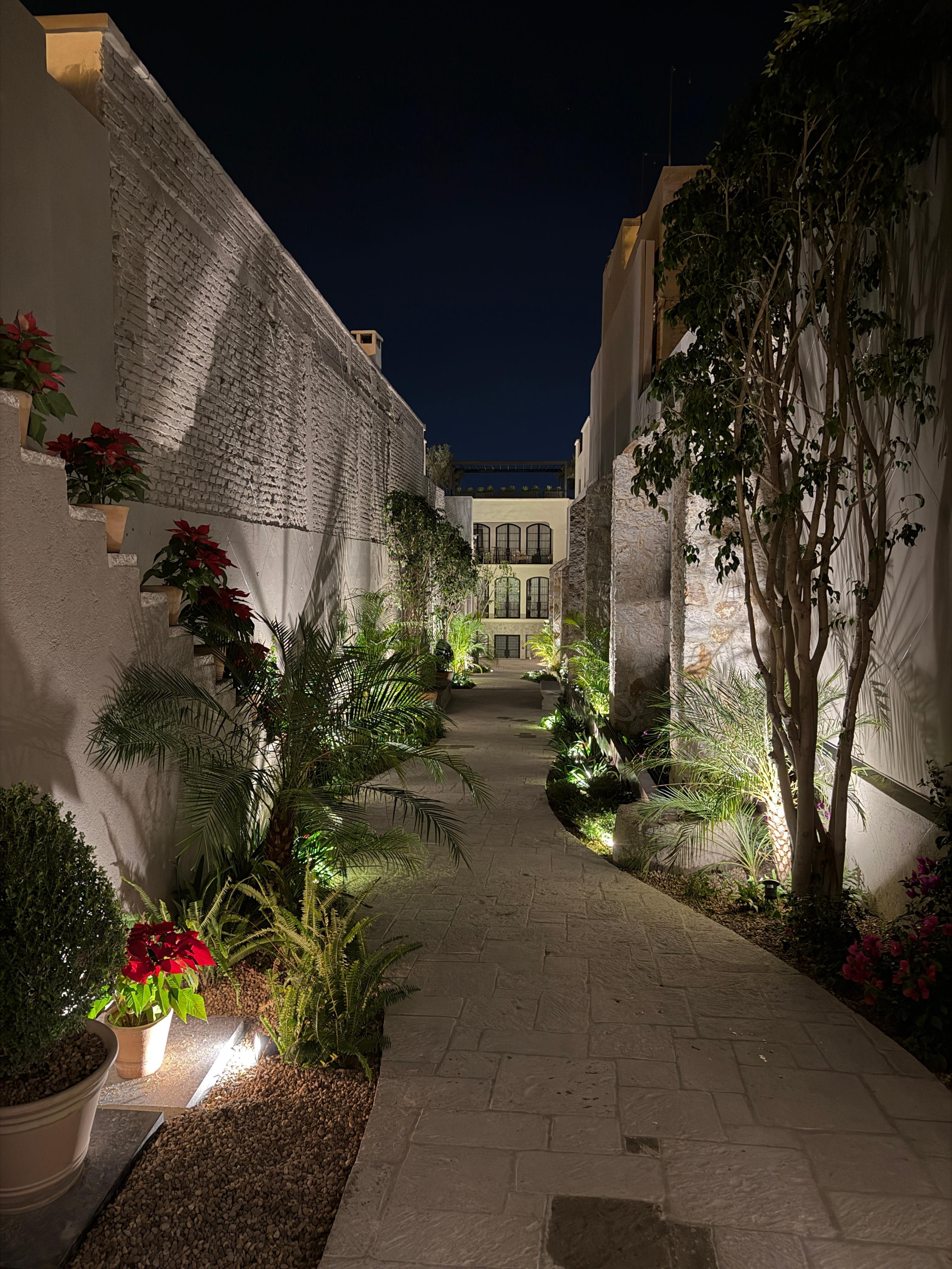 View of the property corridor at night 