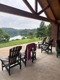 Terrific covered porch with lake view.