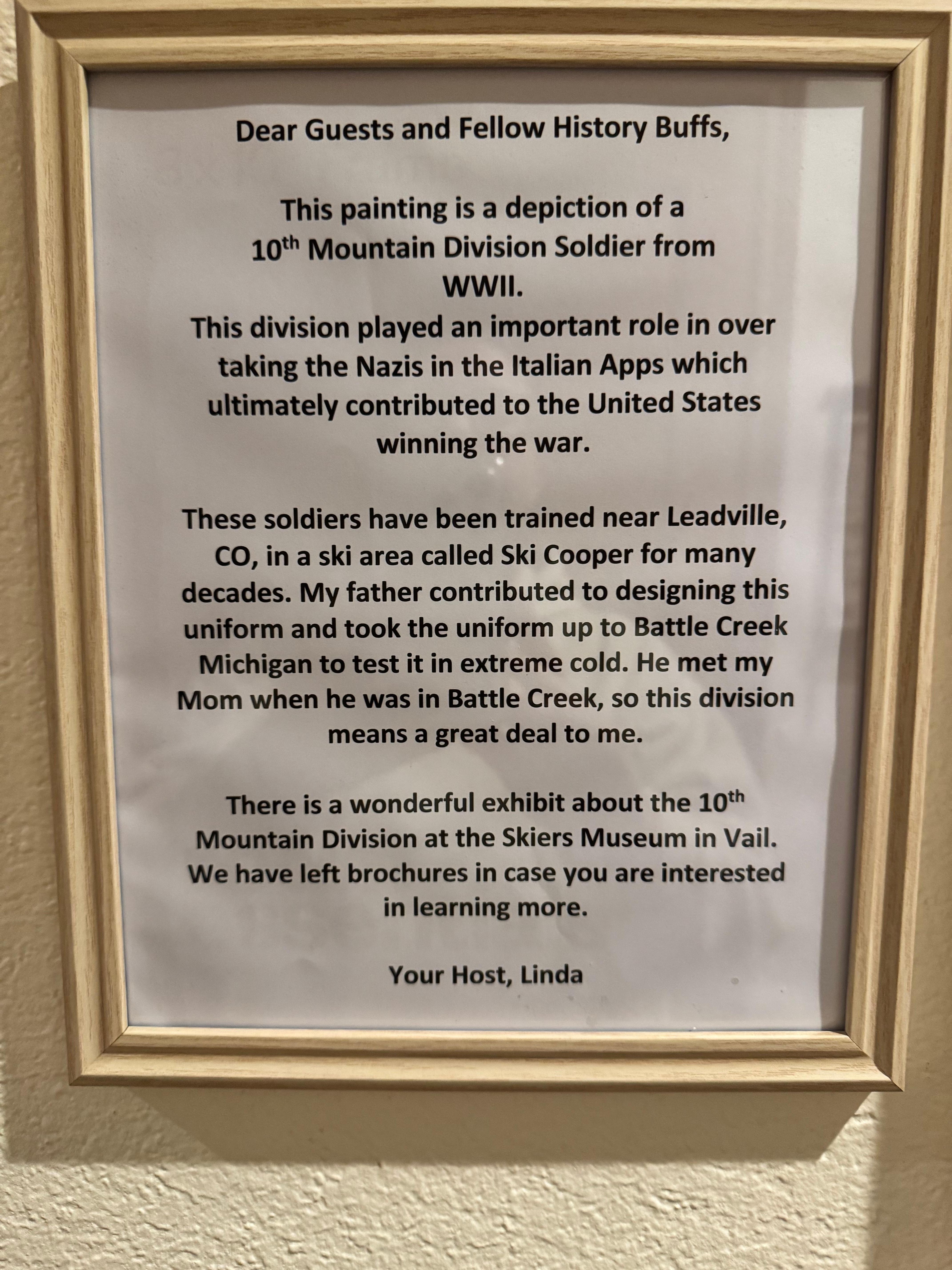 This was a very interesting detail and we took a trip to Vail to check out the ski museum and memorial.