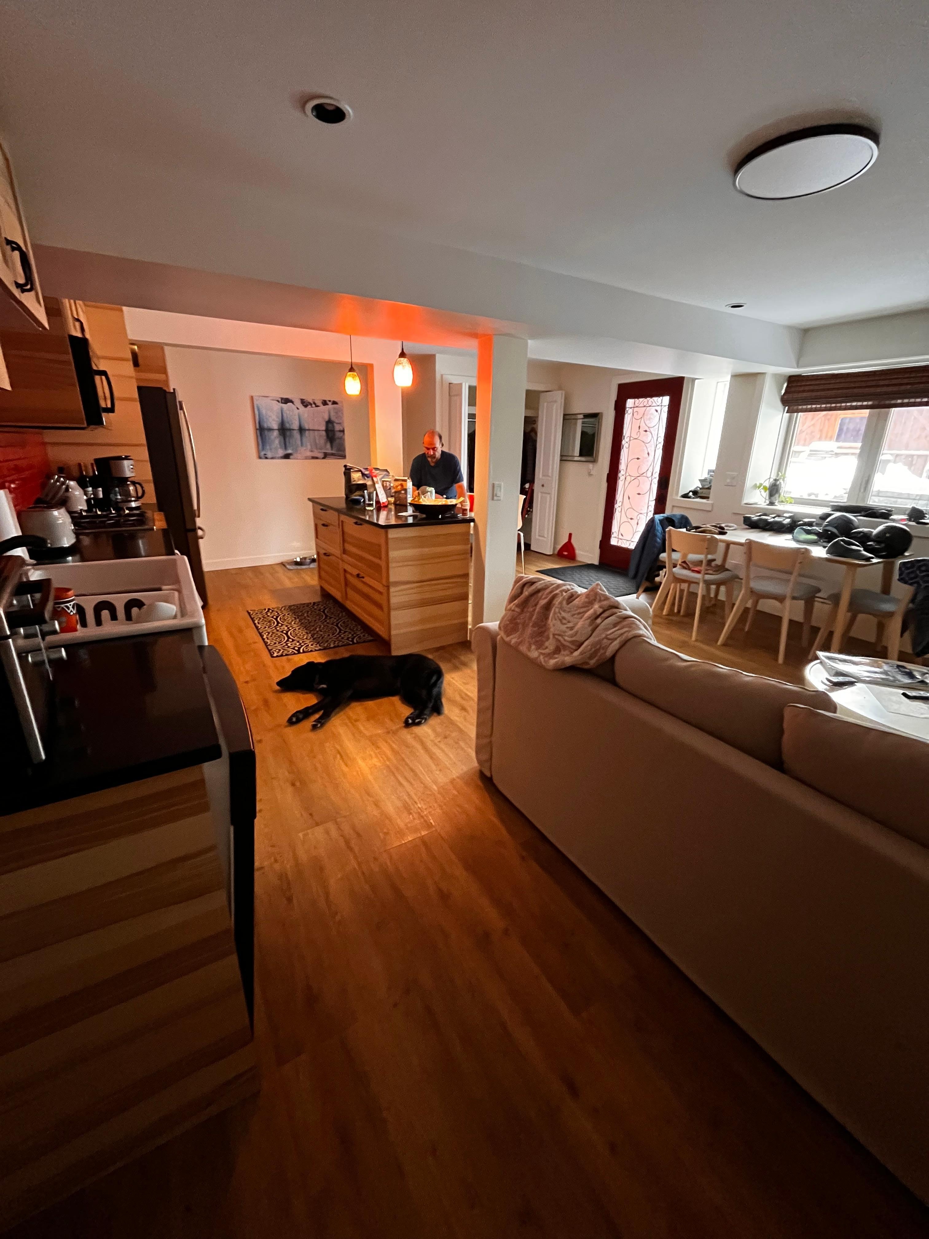 A view of the kitchen and living space after we settled in. 