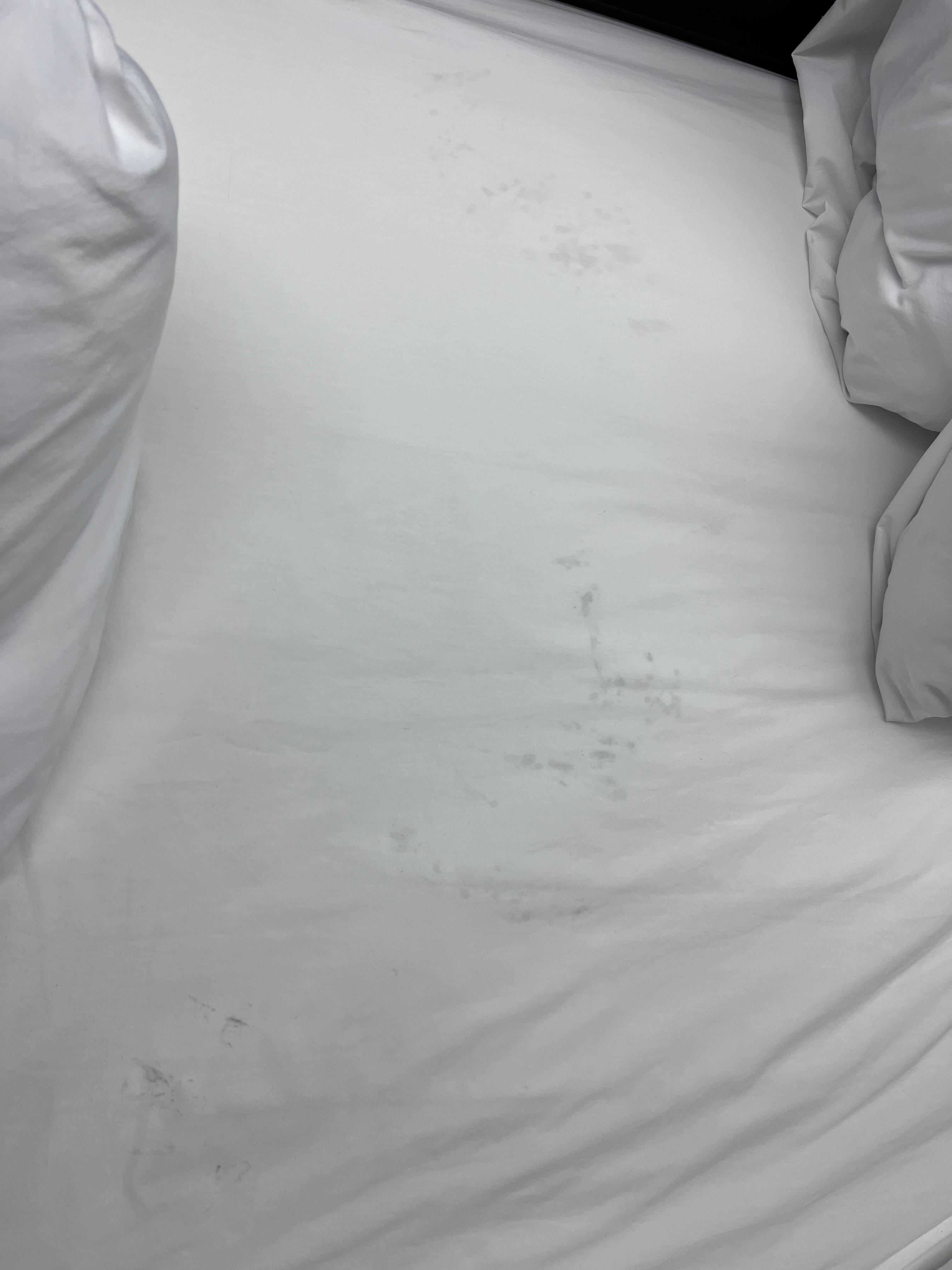 Dirty stained sheets.  Looked like black boot footprints 