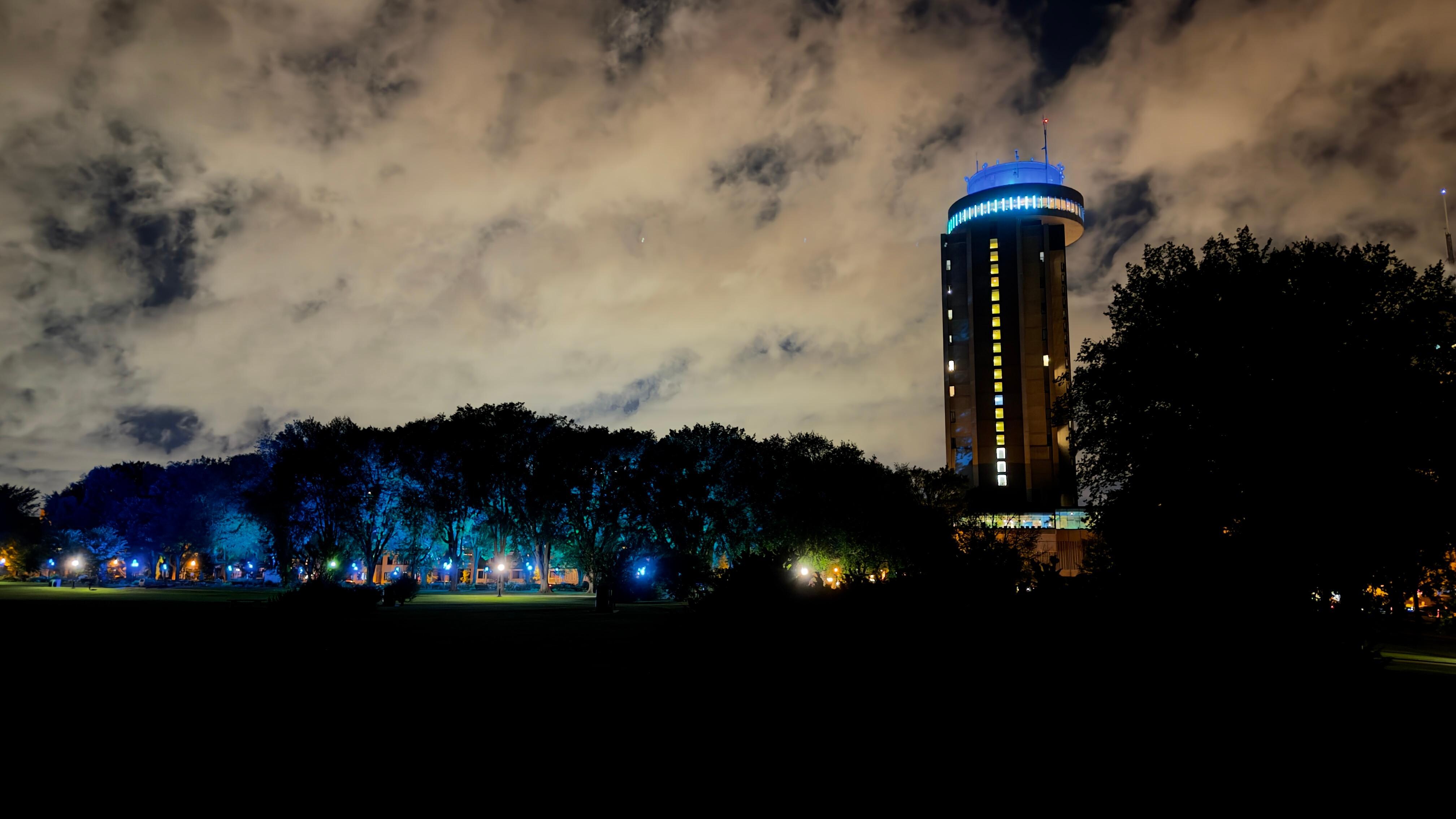 The hotel from the park next to it