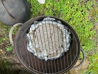 Rusty grill. Had to use aluminum foil to hold charcoal and a disposable grill for the meat.