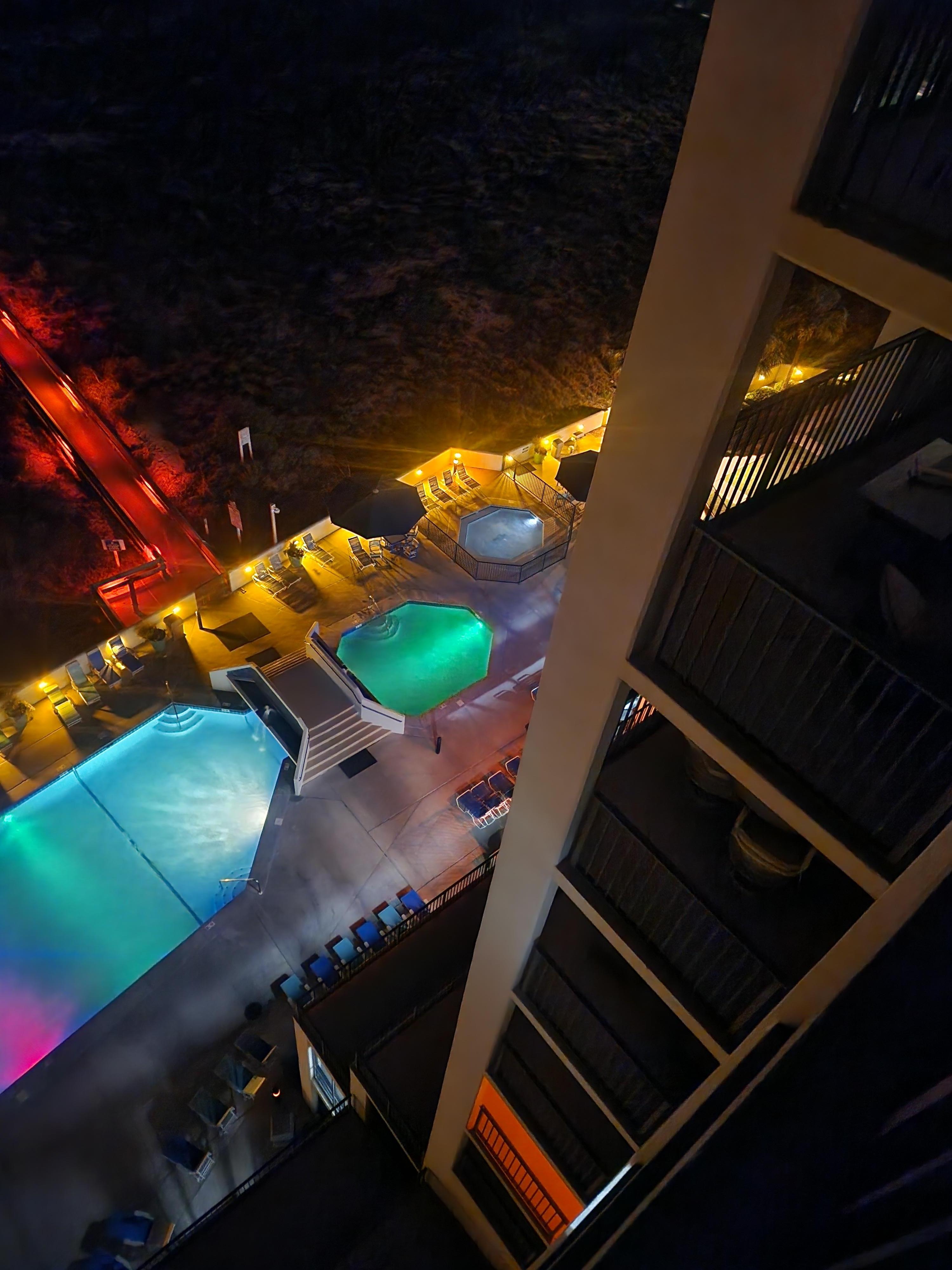 Night view of the pool from the balcony
