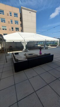 Patio preparing for a wedding.