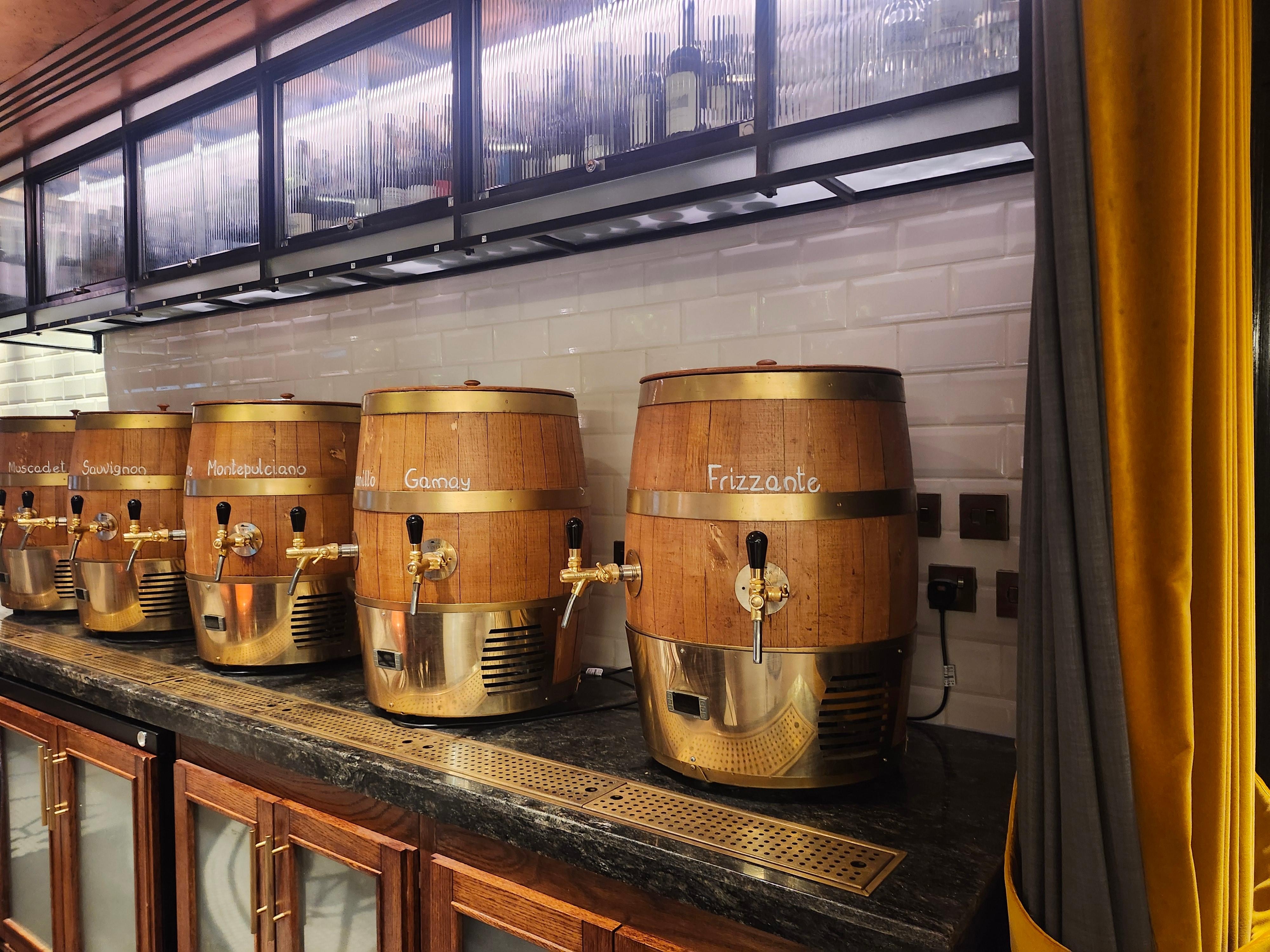 Wine barrels in restaurant.