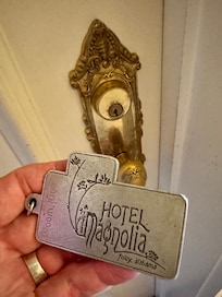 Engraved roomkey tag at The Hotel Magnolia Bed & Breakfast in Foley, Alabama