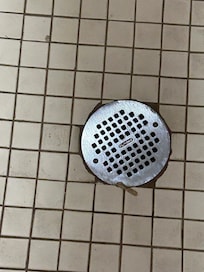 Floor drain and chewing gum? Filthy floor. White tiles needing a scrbubbing