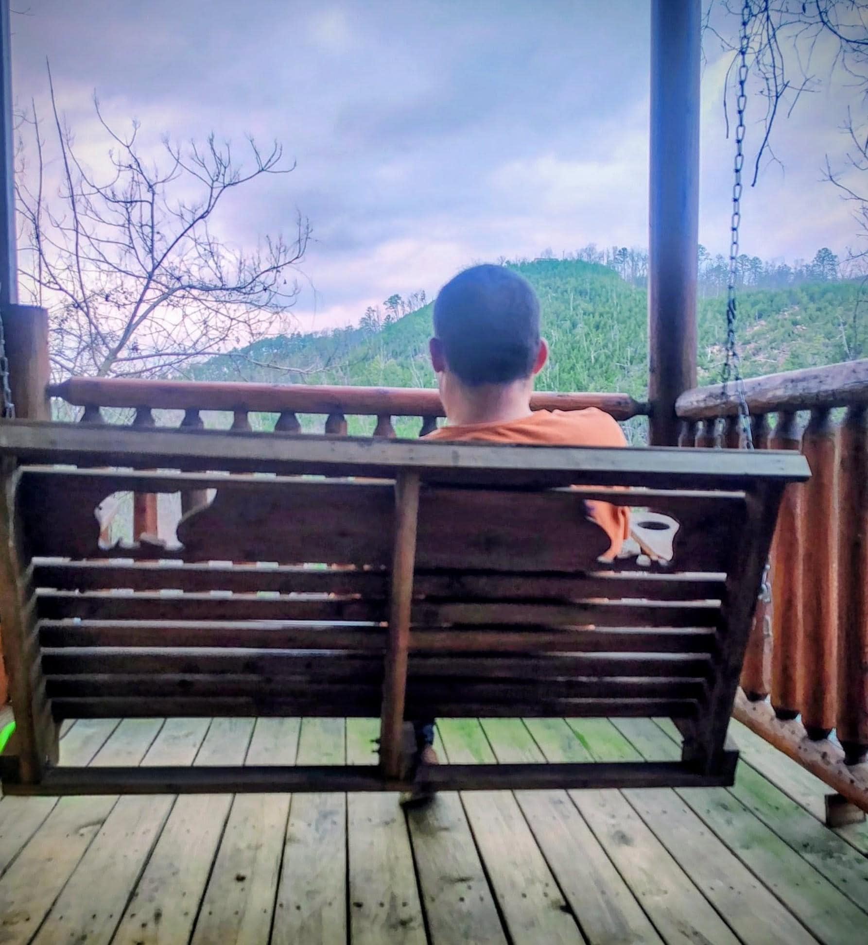 My autistic son enjoying the swing and the mountains 