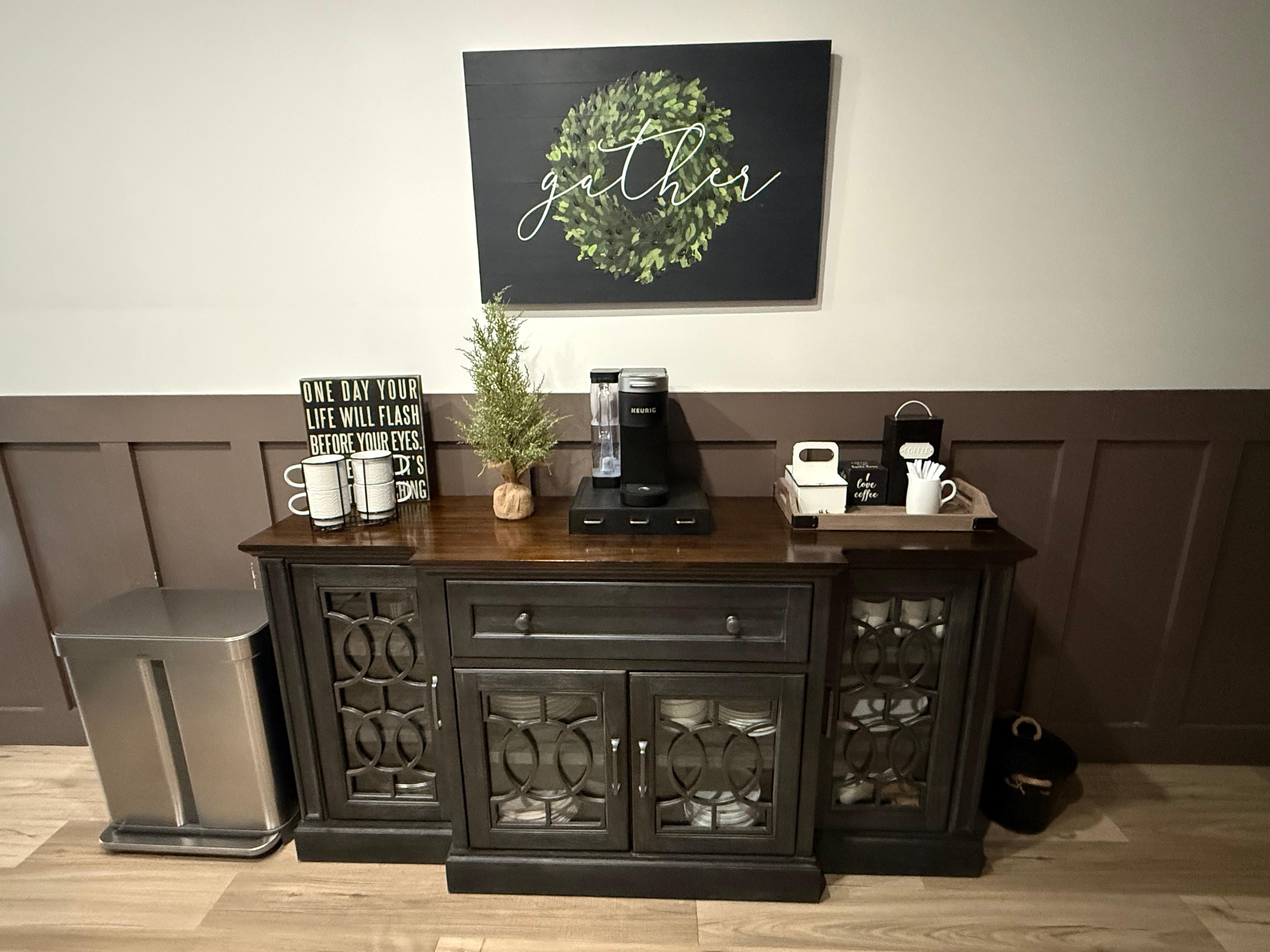 Cute coffee station and buffet. 