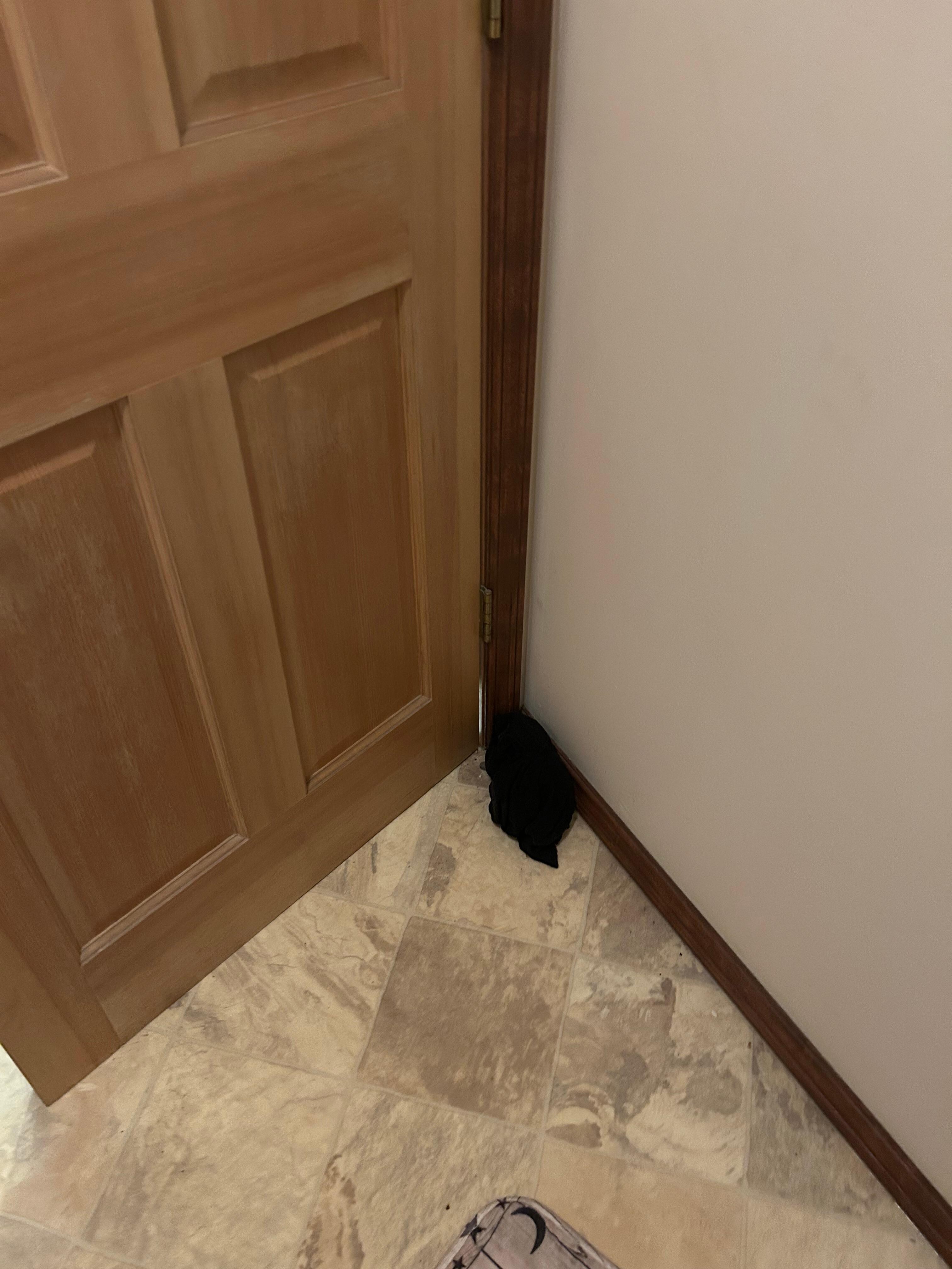 Something left behind by prior guest in the bathroom floor.