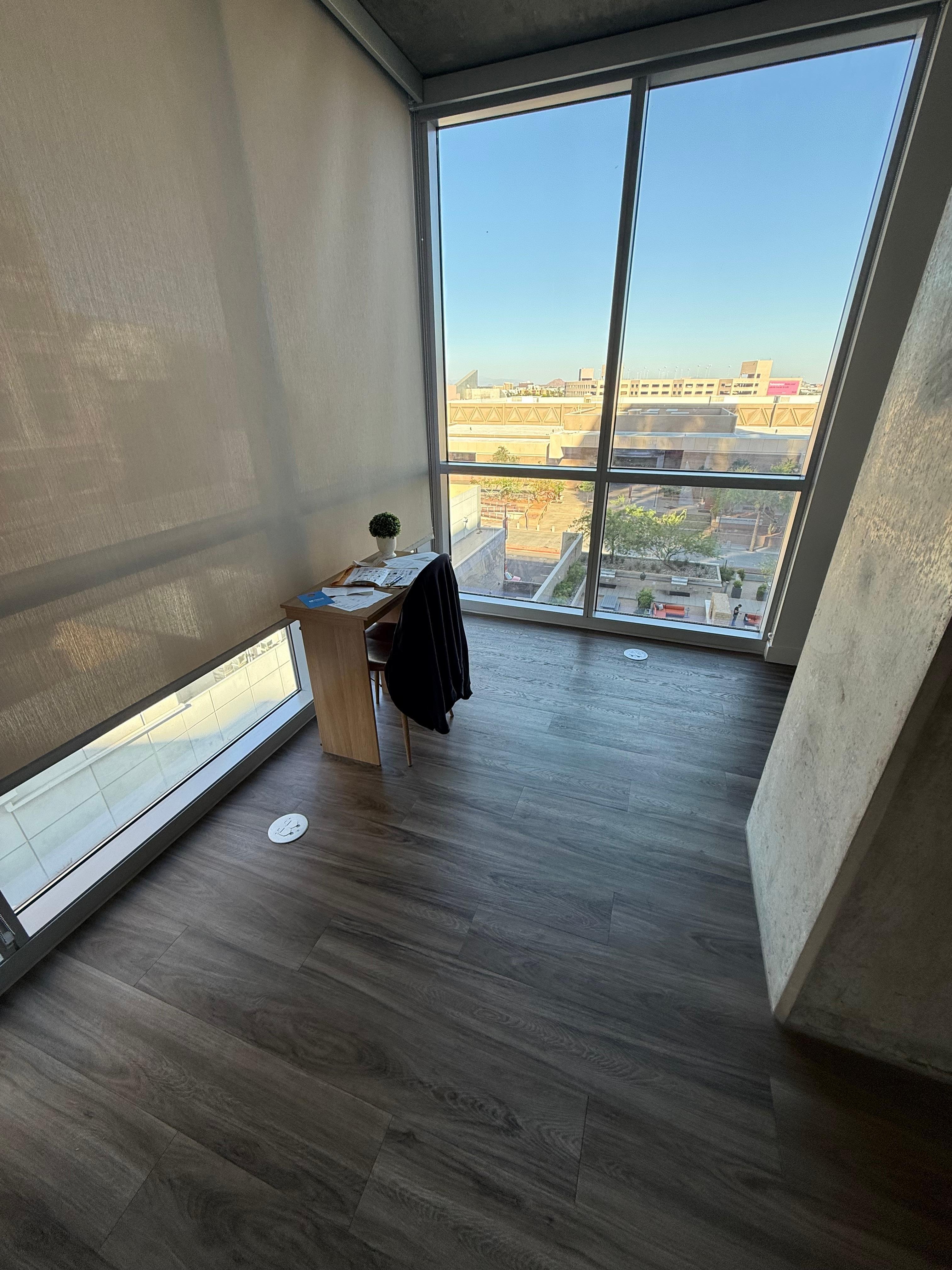 Tiny table with one chair. 