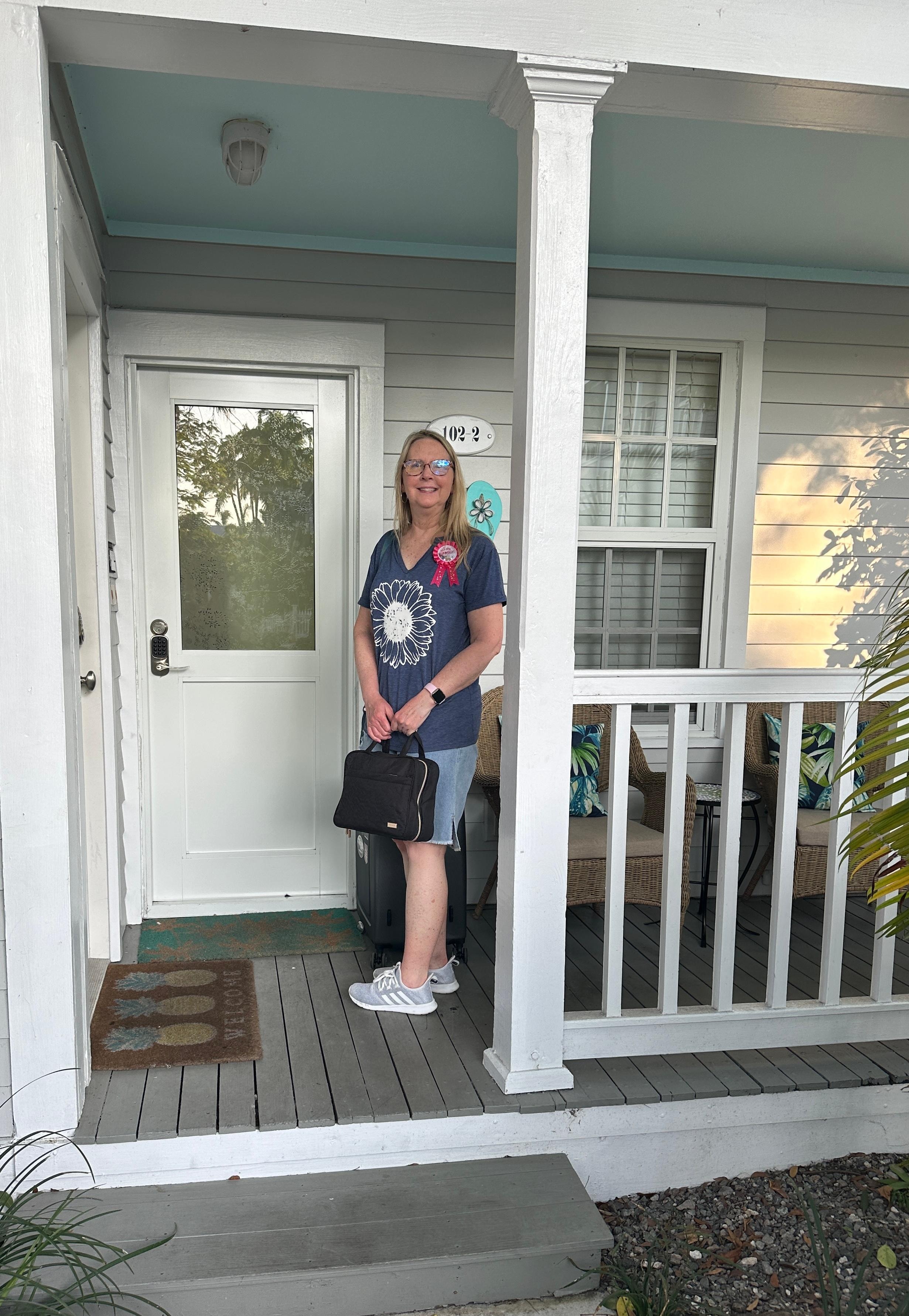 Flip flops are a good visual to know you are home! Like the punch code for door

Her 62nd bday