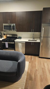 Kitchen area with gas stove, dishwasher and freezer/fridge