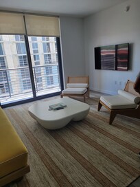 The living room had a large screen TV