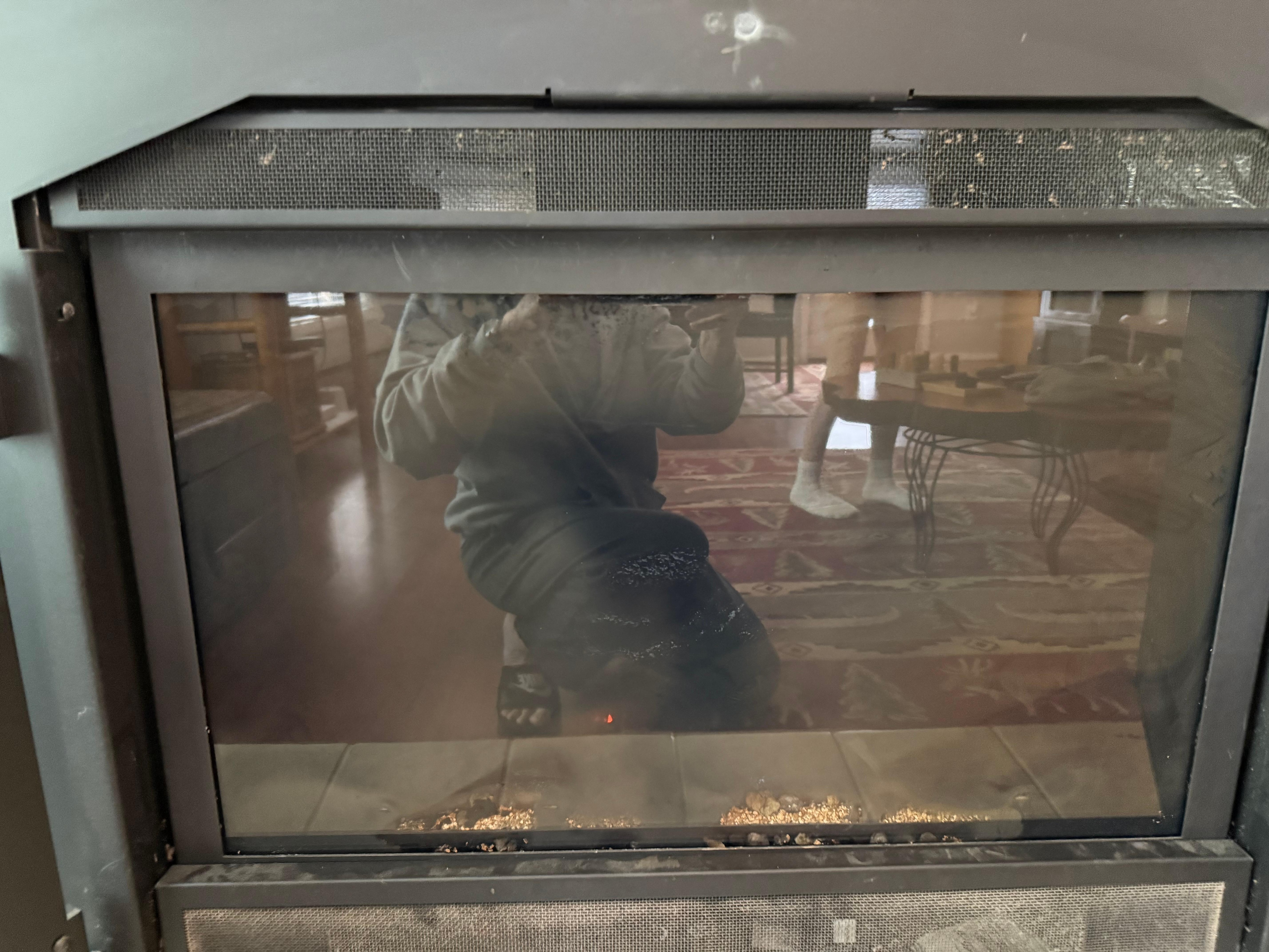 No fire visible in the fireplace