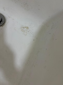 Dirt and hair in the corner of the tub.