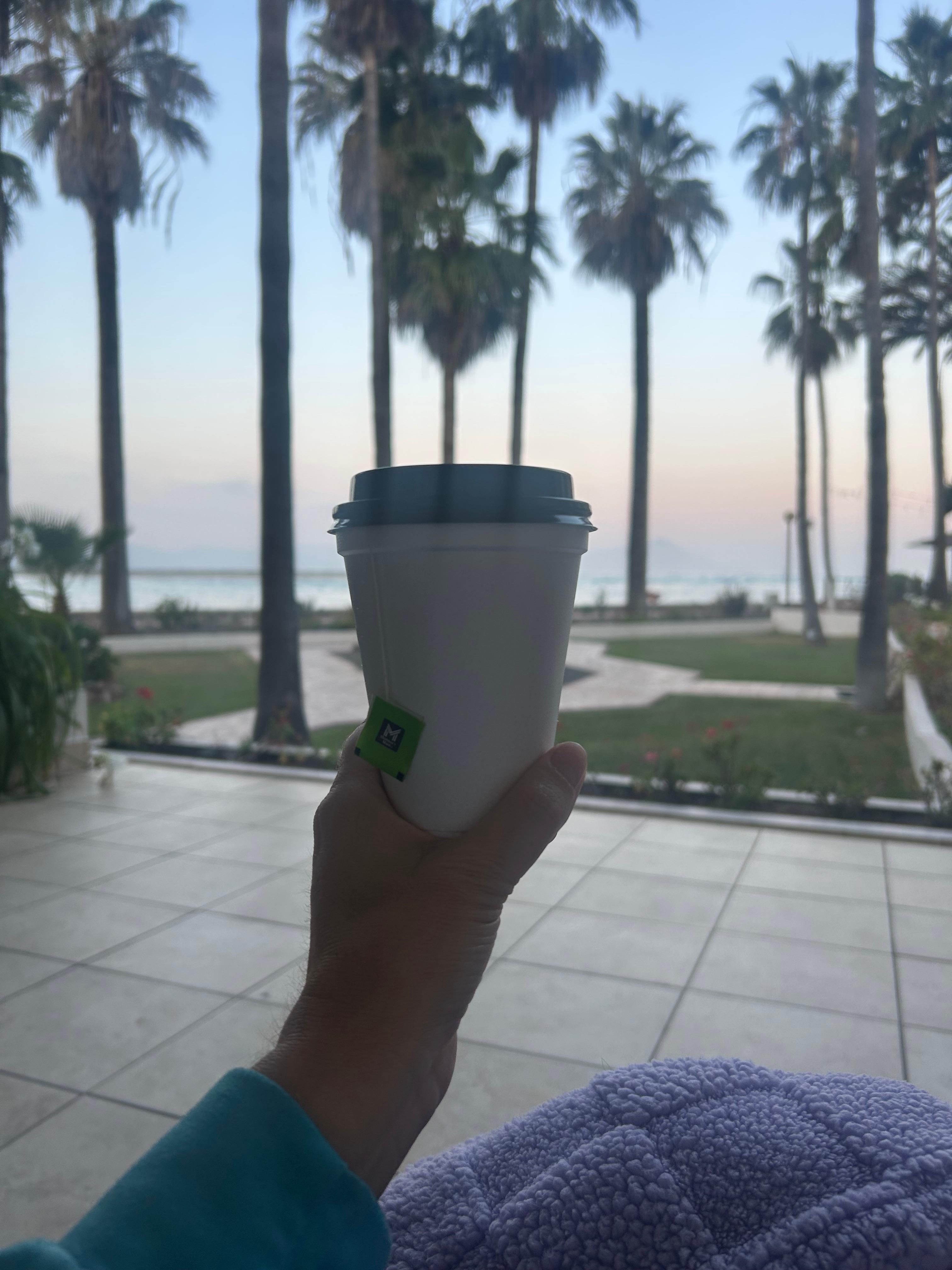 Enjoying hot tea on our patio 