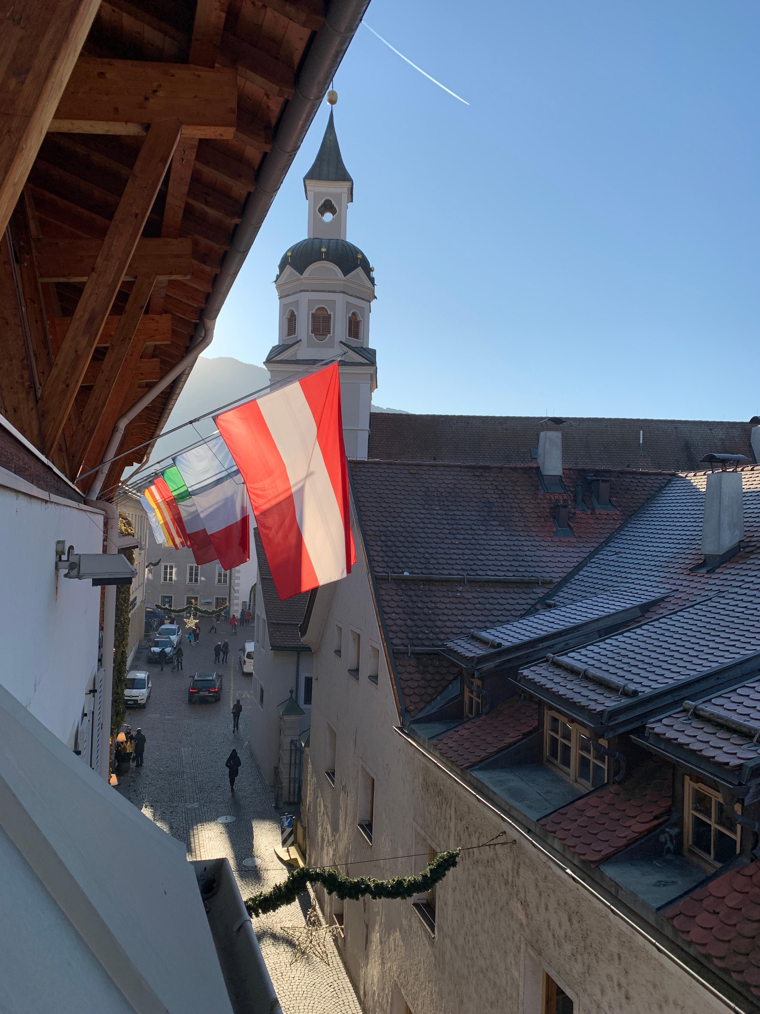 The view from our room balcony toward the entrance to old town Bressanone. 