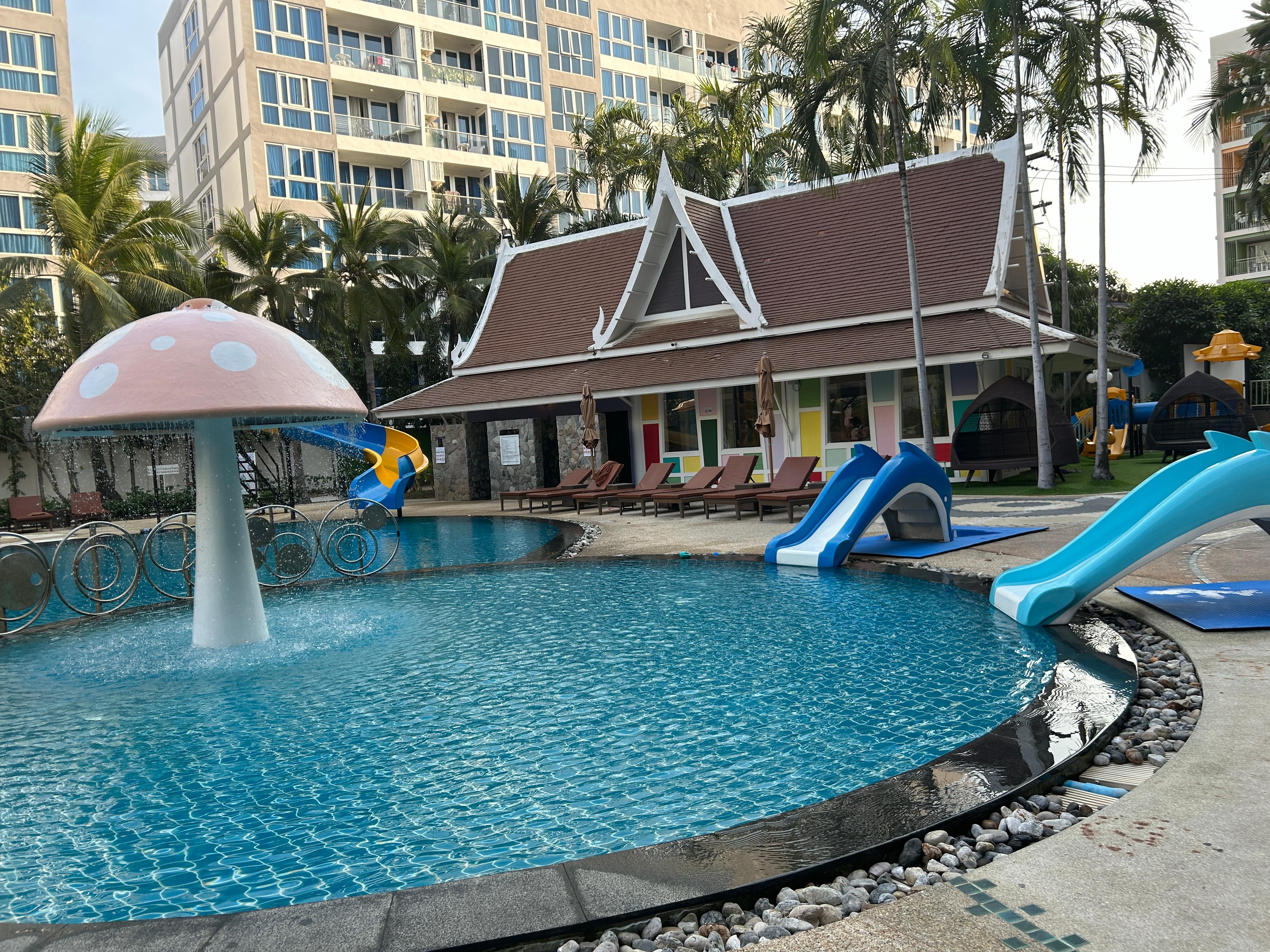 The mushroom fountain in the kitty pool with the two dolphin slides so cute