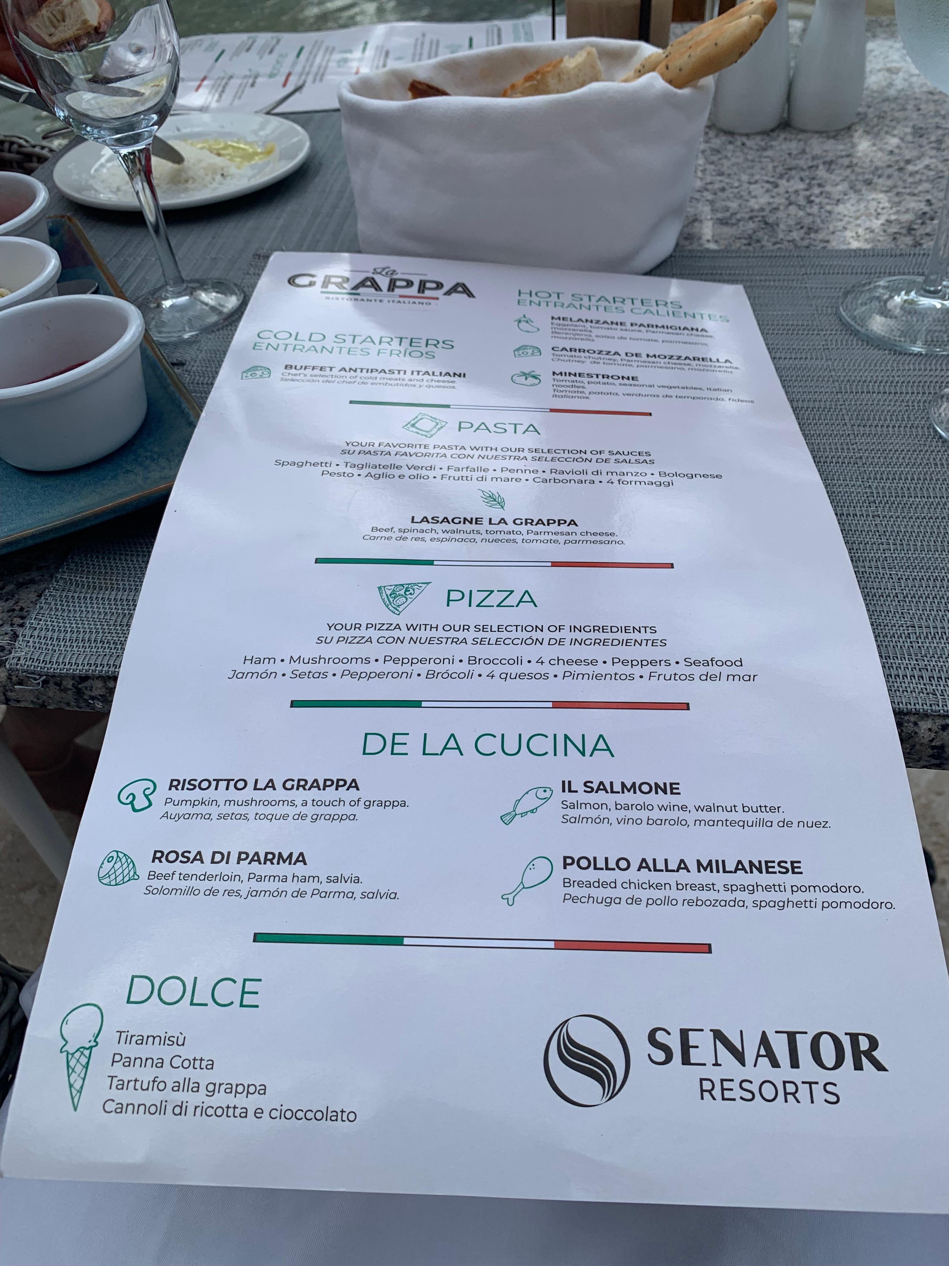 Italian restaurant menu