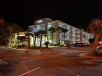 The hotel at night.