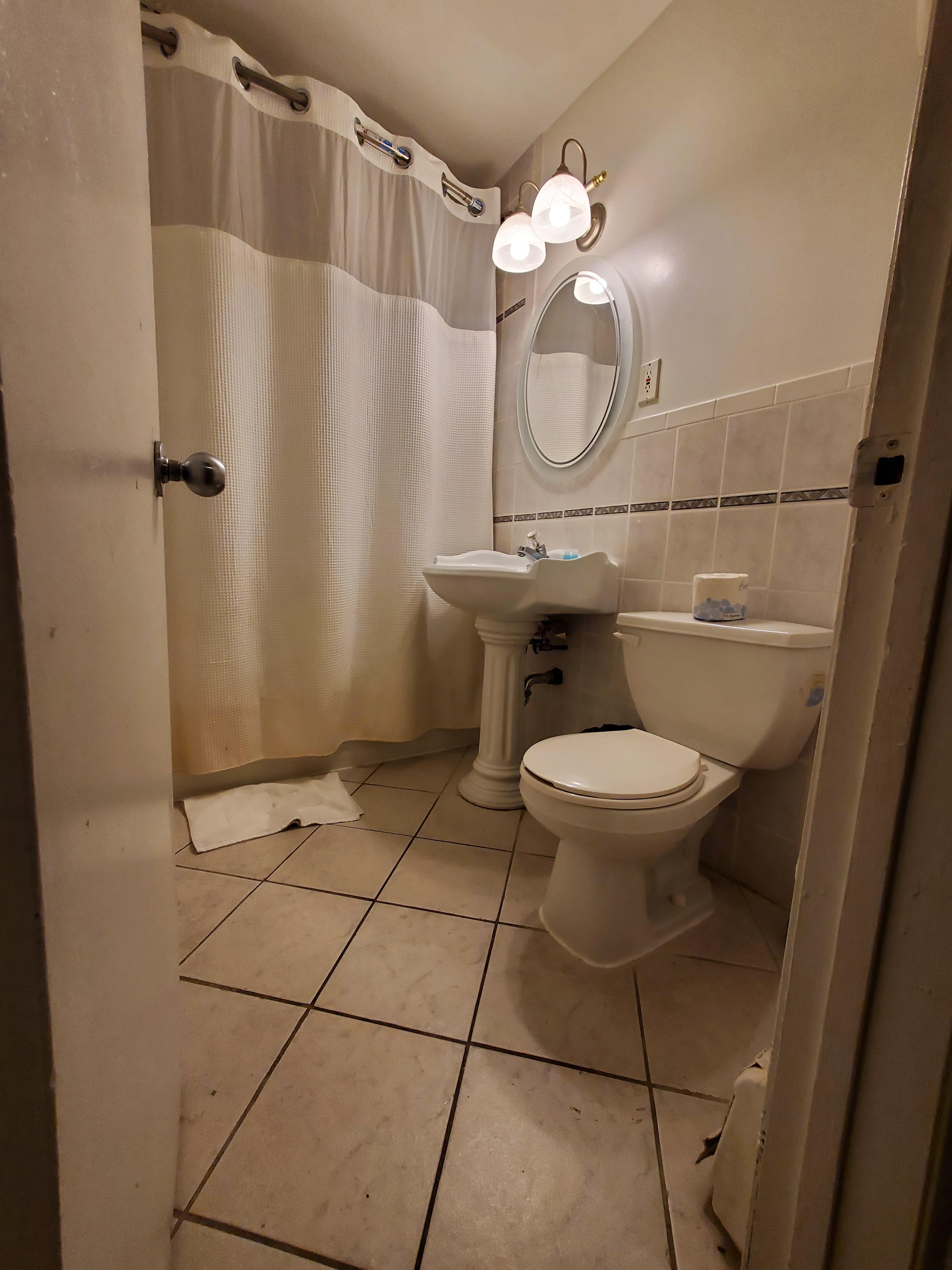 Bathroom seemed OK until I noticed no towels. Shower head clogged or broken. Insects on floor overnight.