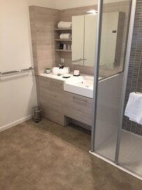Spacious clean bathroom with excellent large shower