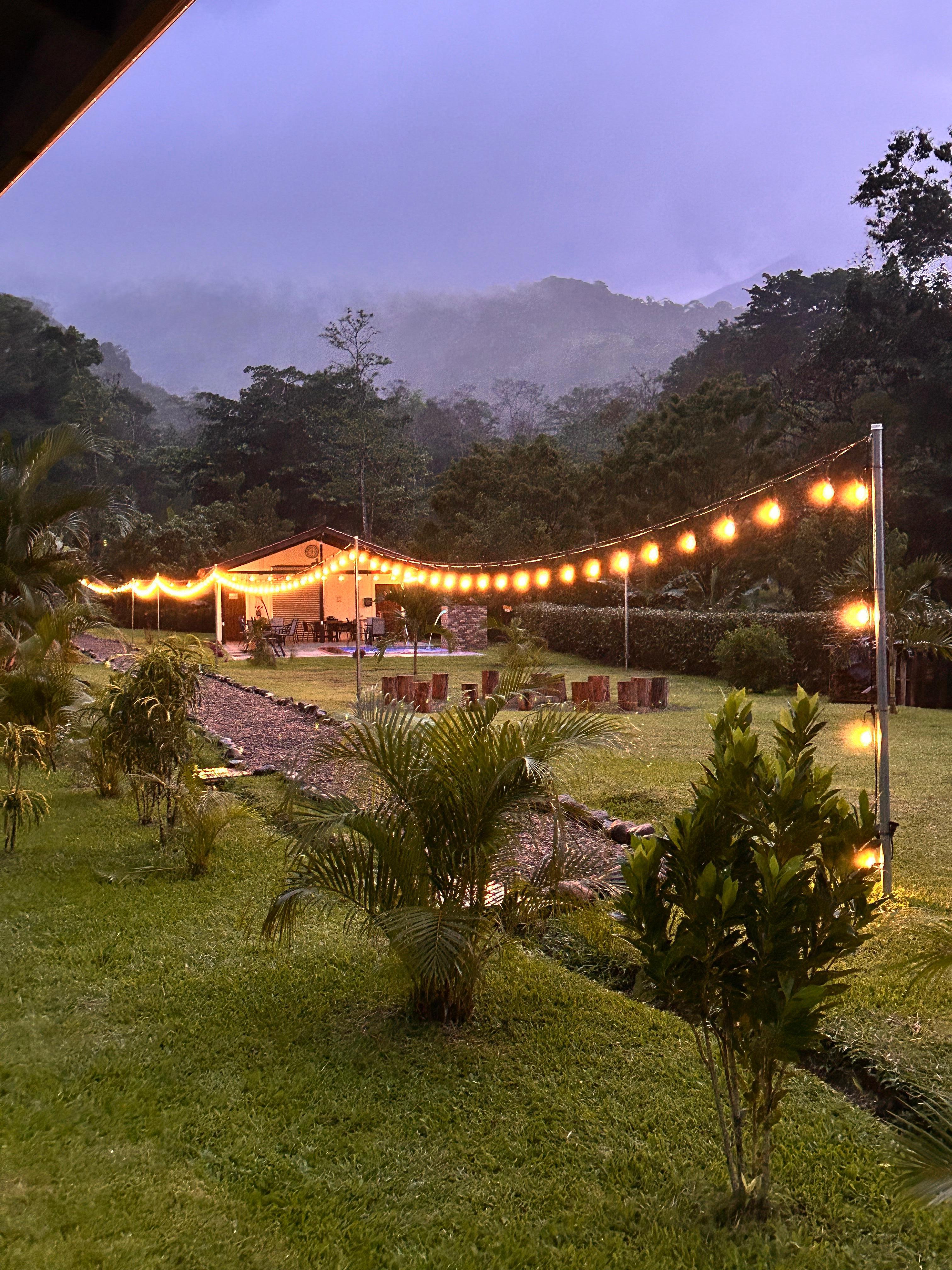 Walkway to the cabins lights up at night. 