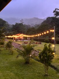 Walkway to the cabins lights up at night.