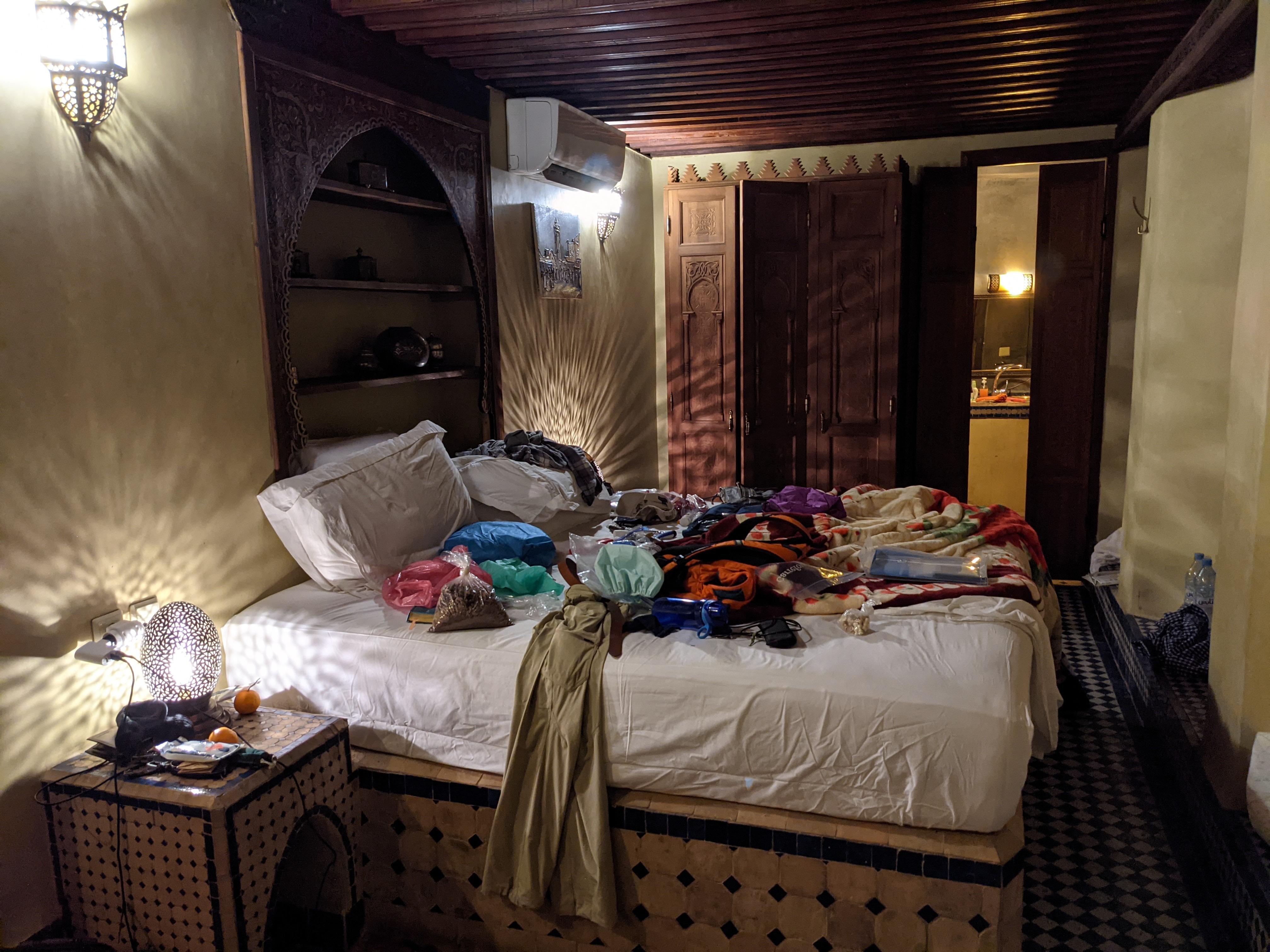 Our room (mess made by us). Gorgeous decorations with lots of pottery and tile work.