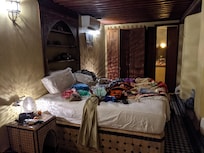 Our room (mess made by us). Gorgeous decorations with lots of pottery and tile work.