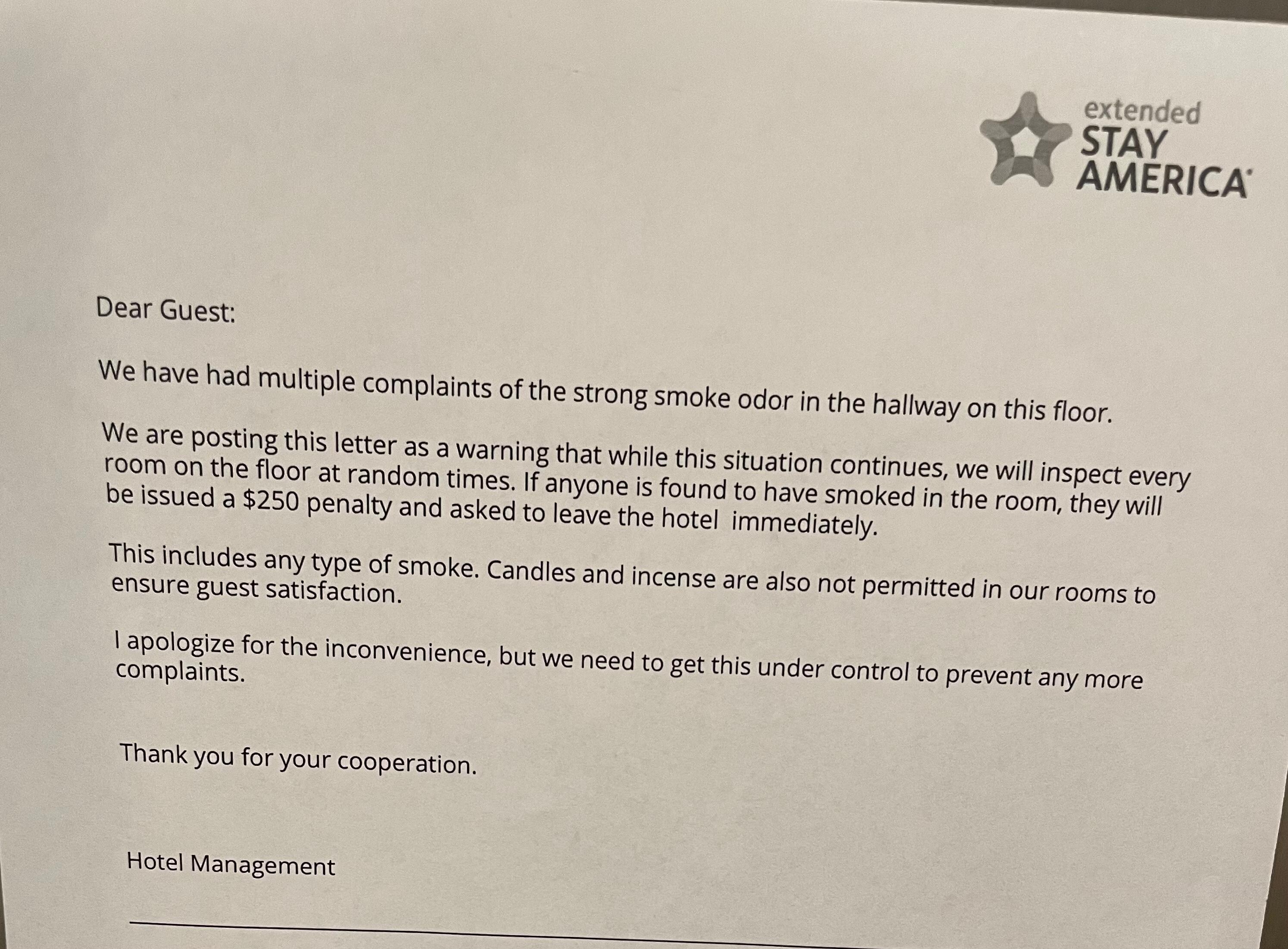 Management posted notice about problems with smoking smell in halls