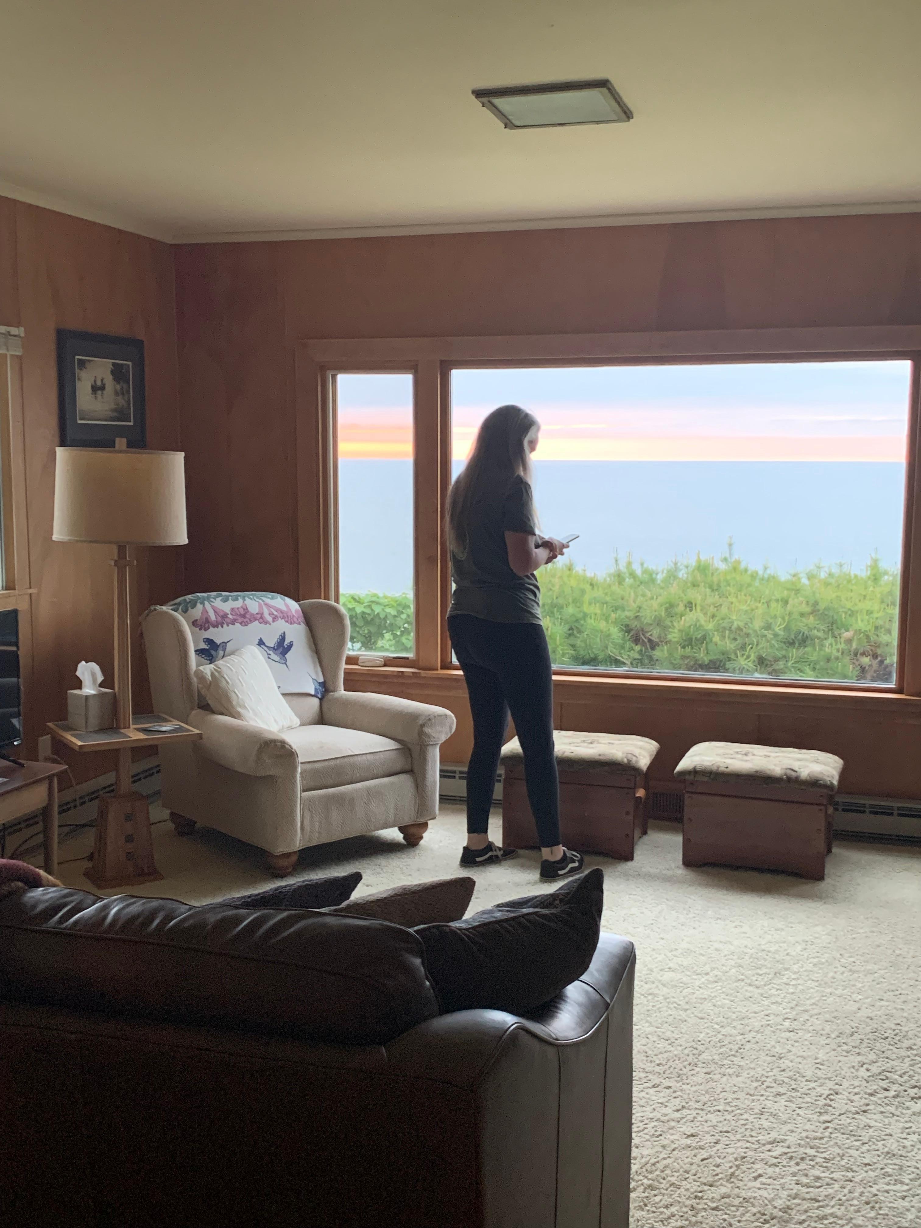 Looking out the living room to the lake.