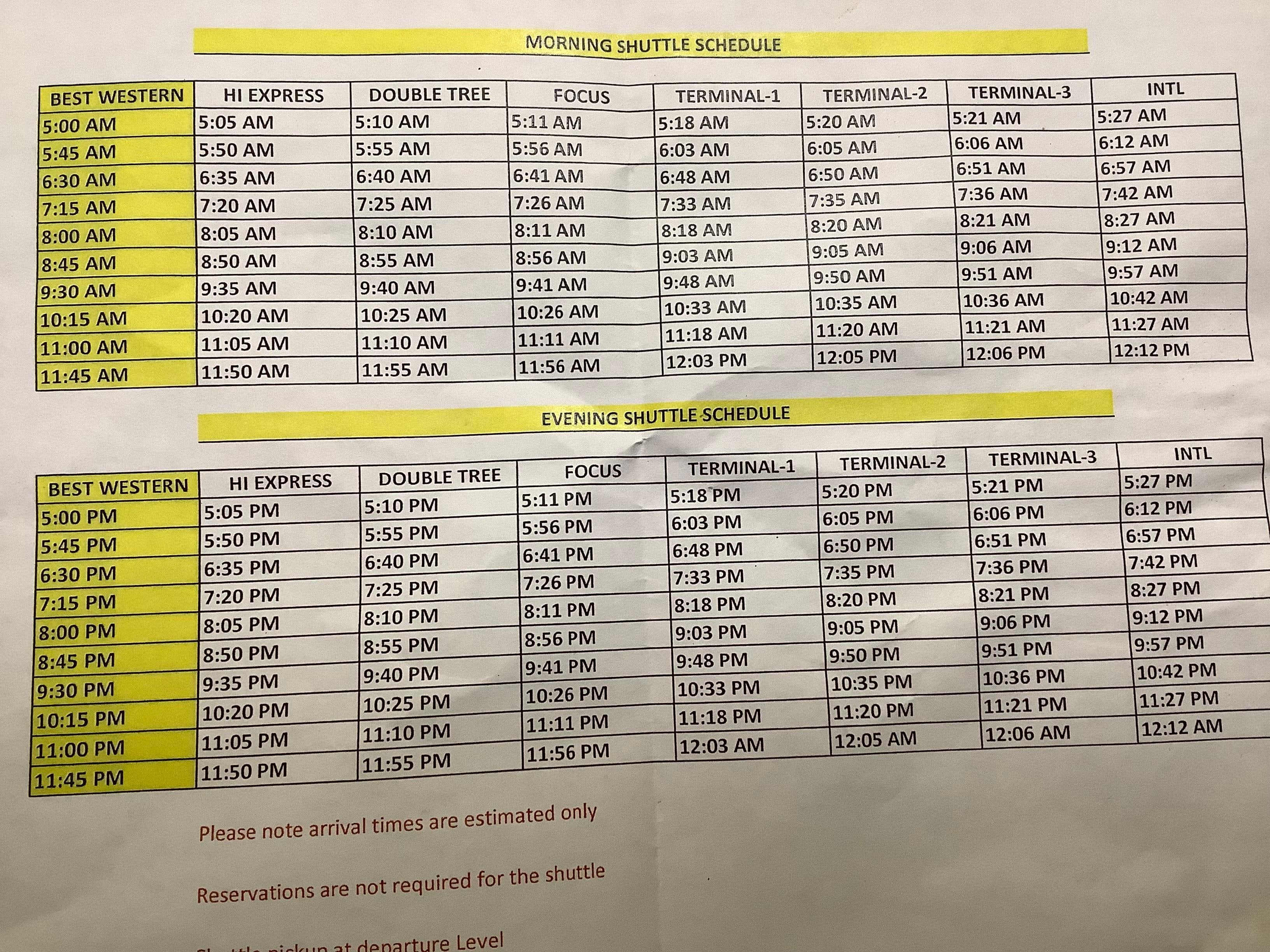 Airport Shuttle Schedule 