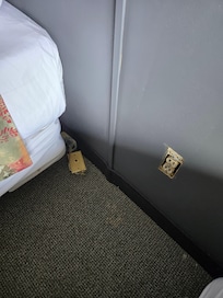 No cover on the outlets, phone box ripped off the wall and wires exposed.