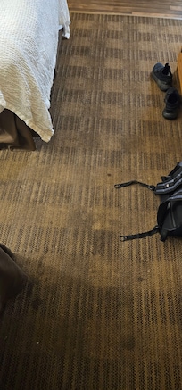 sticky carpet with visible stains throughout the room