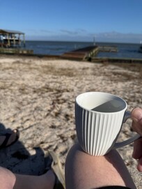 Having coffee in the backyard