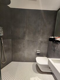 Ridiculous all in one bathroom with no shower curtain