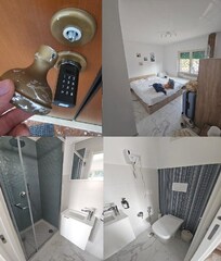 Knob with numbers is what opens the door, master bedroom and bathroom