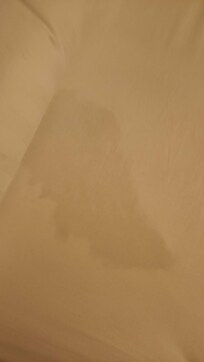 Stain on mattress protector seen through the fitted sheet