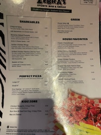 Food menu for zebra sports bar and grille