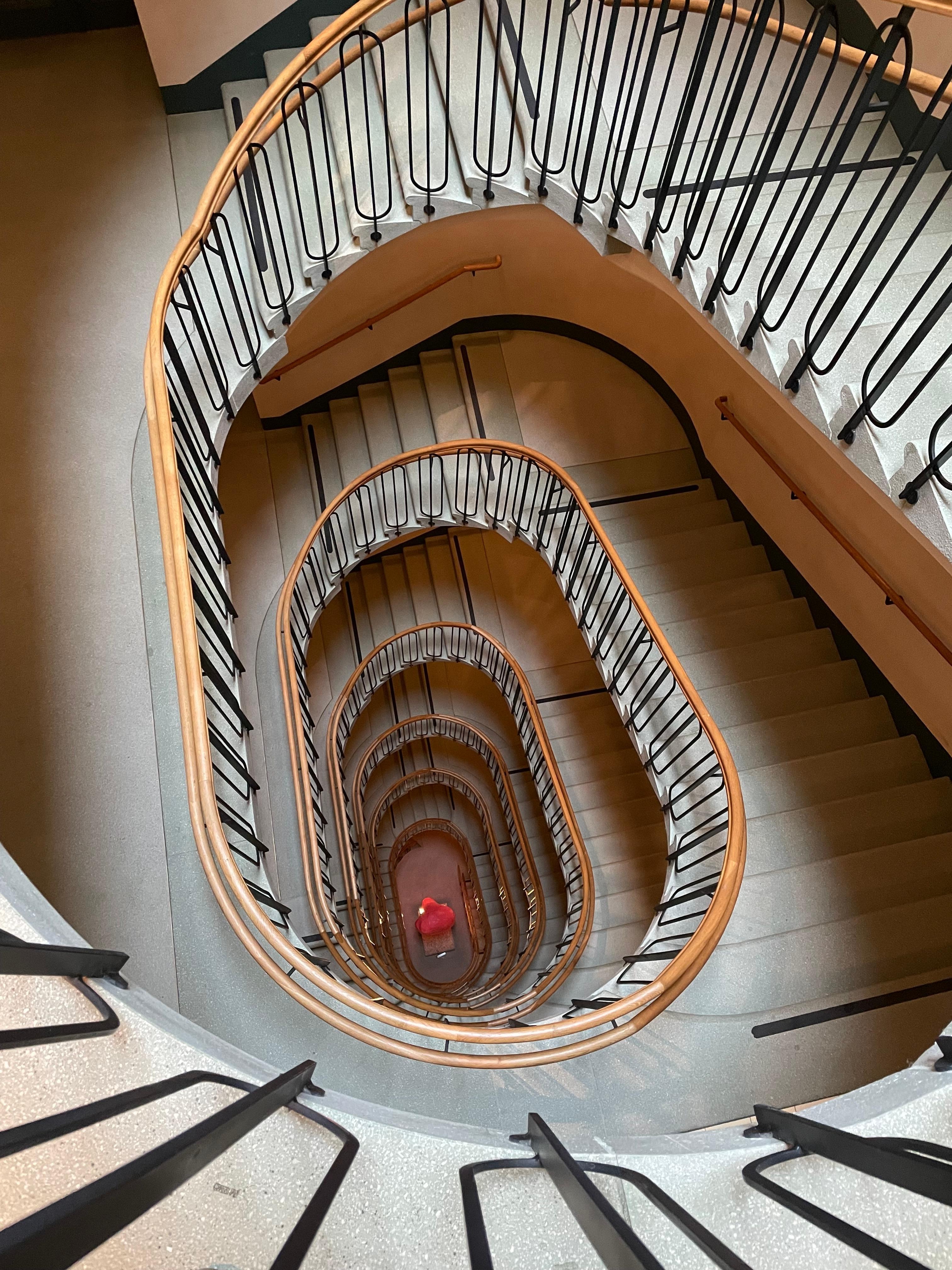 View from the top floor down to sculpture on ground floor