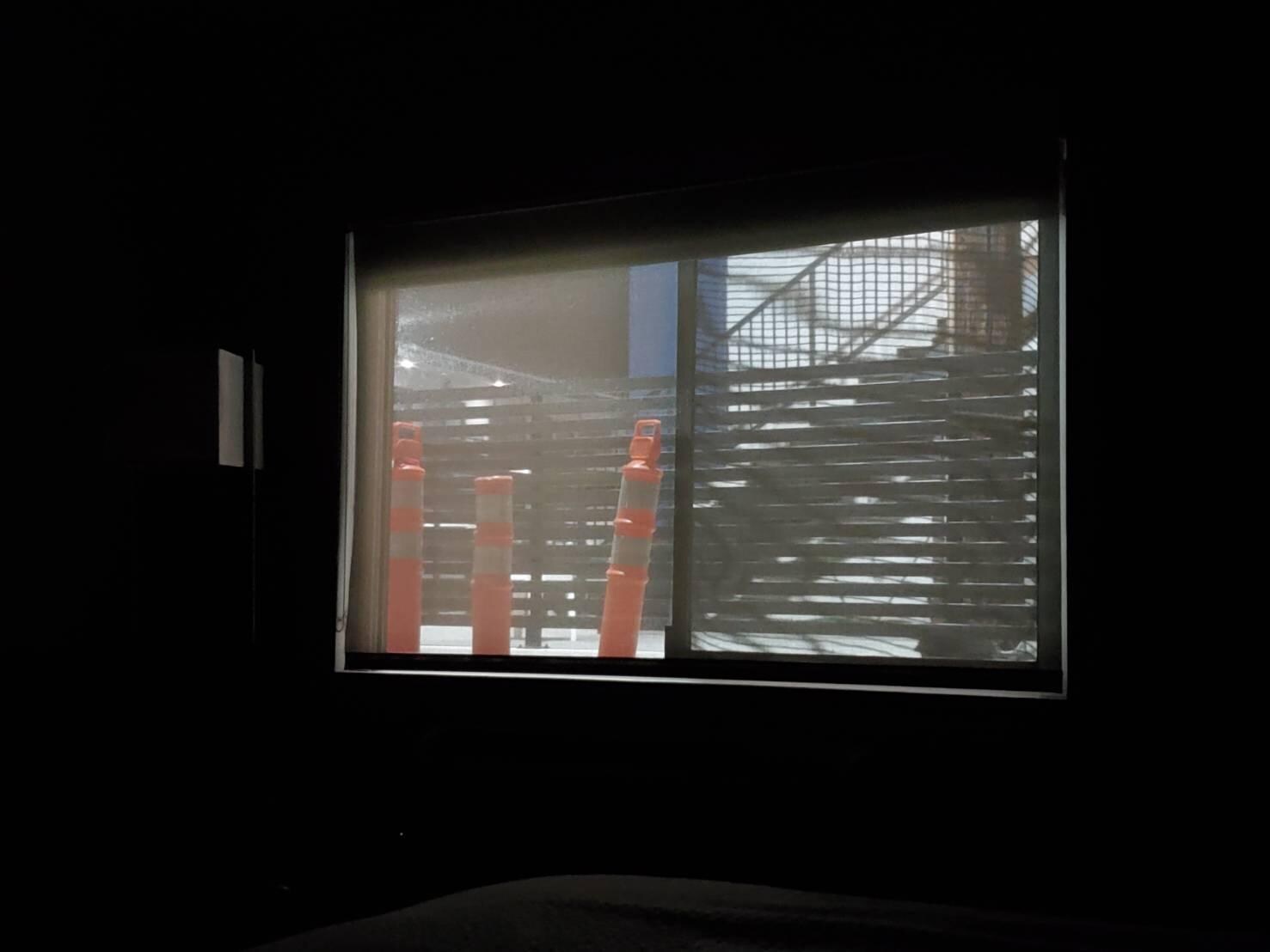 Out side lights are from parking lot lights. It comes right to your eyes when you lie on the bed. It's too bright to sleep.