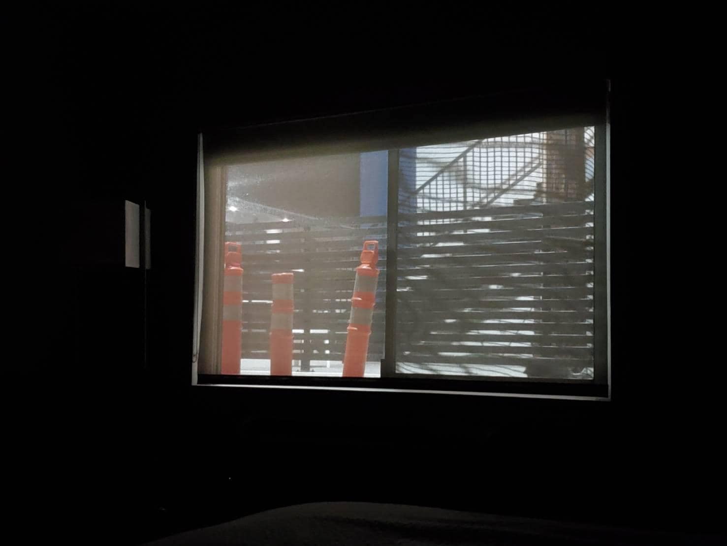 Out side lights are from parking lot lights. It comes right to your eyes when you lie on the bed. It's too bright to sleep.