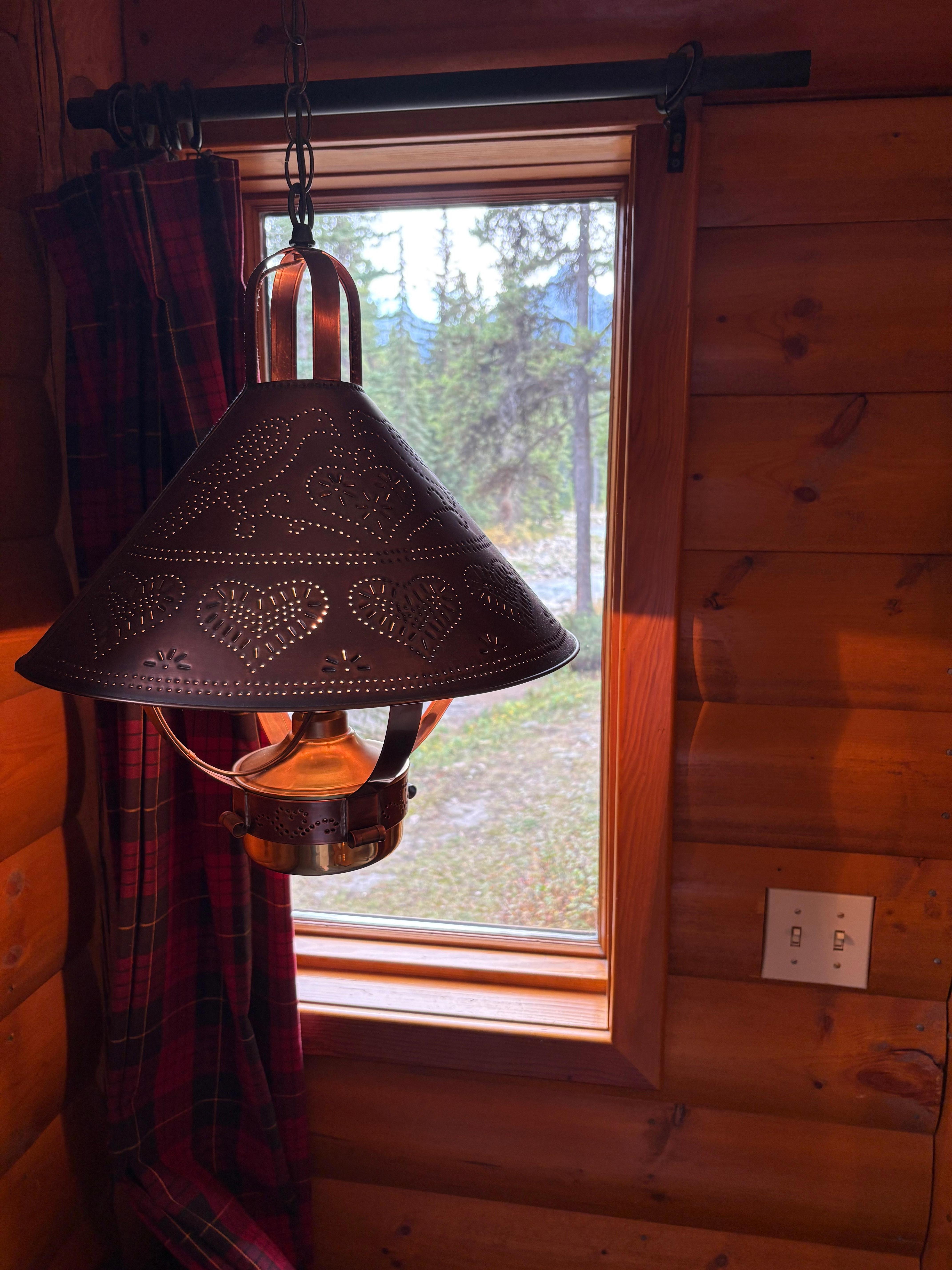 Neat lights that cast a warm glow against the natural wood.