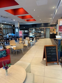 The restaurant with a sign in three languages