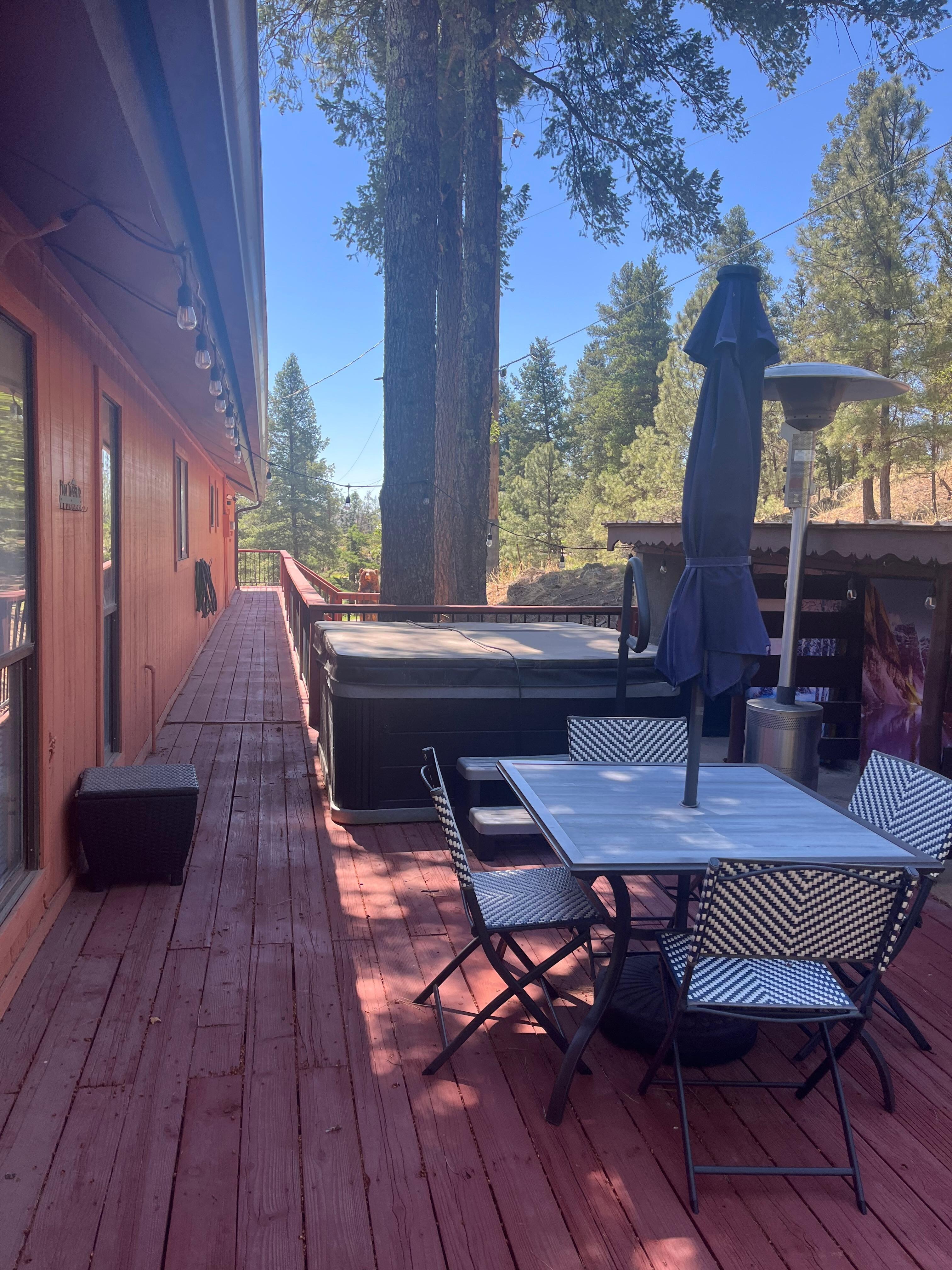 Hot tub area, road goes right behind tree and shed on the right 